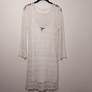 MNG Casual White Lace Long Sleeve Slip Dress Medium